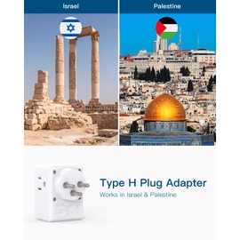 2 Pack Israel Power Adapter, One Beat Israel Travel Plug Adapter with 3 American Outlets 4 USB Ports(2 USB C), 7 in 1 Type H Travel Adapter Plug Converter for US to Israel, Jerusalem, Palestine