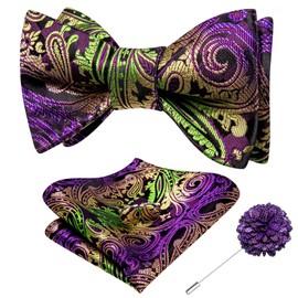 Dubulle Self Tie Bow Ties and Lapel Pin for Men Paisley Solid Mens Bowtie and Handkerchief Cufflinks Set Wedding,Purple Green Yellow