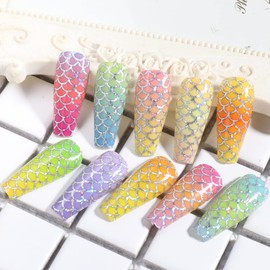 Holographic Nail Foil Transfer Stickers Decals, Fish Scales Nail Polish Sheets, Laser Line Mermaid Nail Art Designs Acrylic Nails Supplies for Nail Transfer Glue Polish, Bright Nail Film Decorations