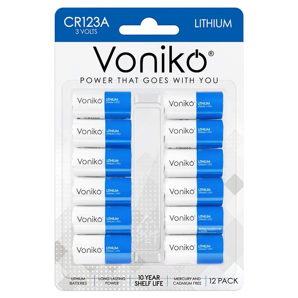 Voniko CR123A Lithium Batteries (12-Pack) – Photo Lithium Battery –3 Volt 123 Battery Lithium 10 Years Shelf Life – UL&RoHS Certified for Security and Medical Equipment