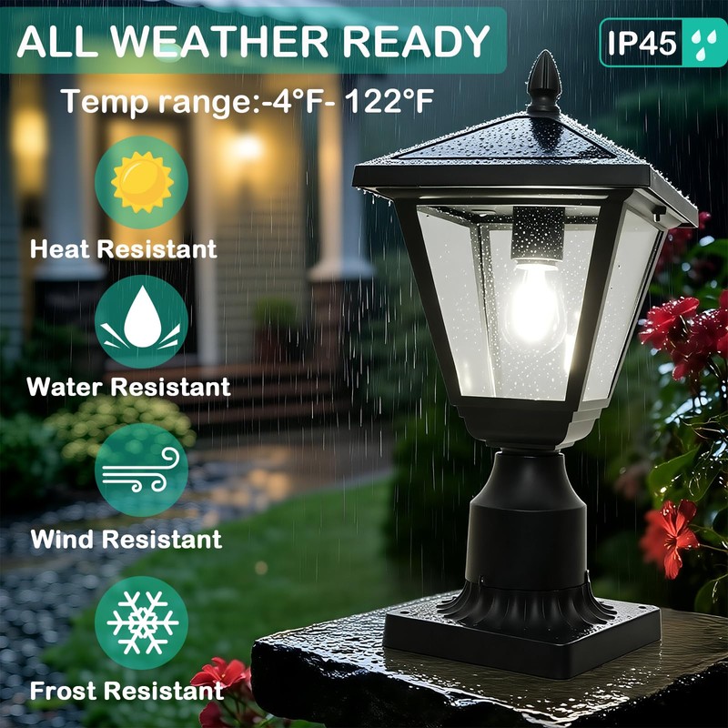 Jalarox Solar Post Lamp Lights, Metal and Glass Built Dusk