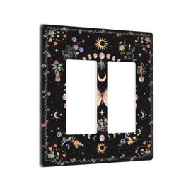 Gothic Hippy Boho Moth Moon Phase 2 Gang Double Rocker/GFCI Light Switch Cover Decorative Outlet Wall Plate Electrical Faceplate Home Bedroom Art Panel Decor Screwless