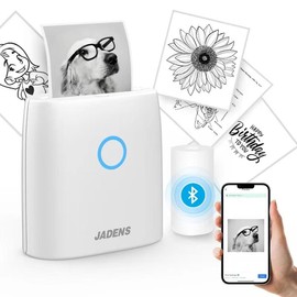 JADENS Mini Sticker Printer-2 Inch Bluetooth Thermal Pocket Printer,Inkless Portable Printer for Study Notes,Photos, Memos,Lists,Gifts,Journals:_1 Printer (White)+1 Roll label