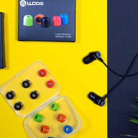 LUDOS COMFY Earbuds Replacement Memory Foam Ear tips for Ear buds and Earphones, with Color Red Green Orange Blue Eartips, Washable, Isolates from Outside Noise, Extra Resistant, Size 4.9mm Earpads