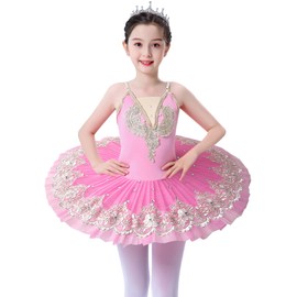 ZX Girl's Camisole Skirted Leotard Ballet Sparkle Lace Swan Lake Tutu Ballerina Costumes Competition Dress, 001 Pink, 10-11 Years