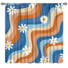 JanJCurt - Cortinas retro de los años 70, estilo hippie clásico de los años 60, flores abstractas, color azul, naranja, ranurado, pastel con estampado en espiral, cortinas de ventana para recámara de