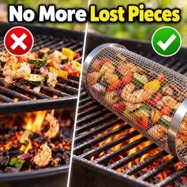 Stainless Steel Rolling Grill Basket for BBQ Cooking – Large Mesh Grilling Basket for Vegetables, Seafood & Outdoor Camping