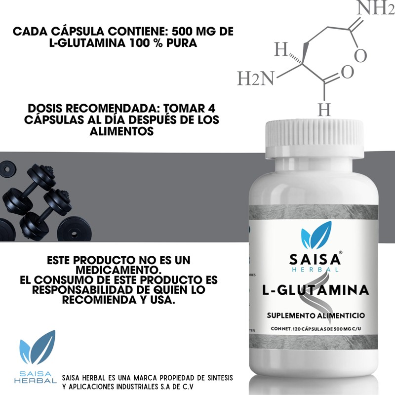 L-Glutamina 100% Puro 120 cápsulas con 500 mg c/u. Calidad