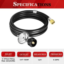 12 FT Propane Regulator and Hose Universal QCC1 Grill Replacement for Most LP Gas Grill, Patio Heater, Fire Pit and More, Low Pressure, 3/8 inch Female Flare Nut