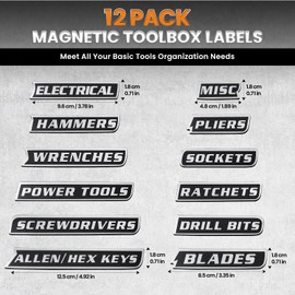12 PCS Magnetic Tool Box Labels Printed Toolbox Labels with Strong Magnet Backing Reusable Tool Box Organization Accessories for Steel Toolboxes, Drawers, Shelving, Workshop Cabinets (Black)