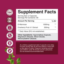 D Mannose with Cranberry Supplement - Potent D Mannose 1000mg Capsules for Kidney Defense Support & Cleanse and Urinary Tract Health for Women & Men - Bladder Health Supplement for Adults - 120 Count