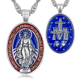 EUDORA S925 Sterling Silver Virgin Mary Necklace Miraculous Medal for Women Men, Colorful Blessed Mother Medal Virgencita Pendant Religious Christian Jewelry Gift for Womens Men, 22"+2"