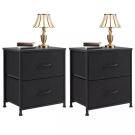 JHK 2Pcs Black Nightstand End Table with 2 Fabric Drawers Bedside Table Bedroom