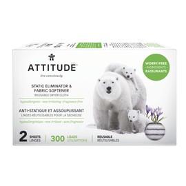 ATTITUDE Static Eliminator and Fabric Softener, Reusable Dryer Cloth, Hypoallergenic and Fragrance-Free, Vegan and Cruelty-Free Household Products, 300 Loads, 2 Sheets (1 Pack)