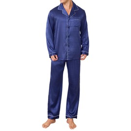 JupiterSecret Mens Silky Satin Pajamas Set Long Sleeve Button-Down Luxurious Pjs 2 Pieces Sleepwear with Pockets (Blue Plaid with White Collar,L)
