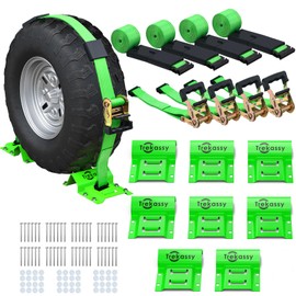 Trekassy Wheel Chock Tie-Down Kit with Rubber Blocks, (4,400lb Break Strength) Heavy Duty E Track Trailer Tire Straps for ATV, UTV, Lawn Mower- 4 Pack
