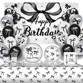 AXWATDEI Black Bow Birthday Decorations Kit, Coquette Party Supplies for Women Girls - Balloons, Backdrop, Black Bow Plates and Napkins, Tableware Serves 20 Guests