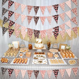 Fangleland 5Pcs Jungle Safari Theme Pennant Banners for Girls - Pink Jungle Triangle Garland Flags, Zoo Animal Splatter Buntings for Birthday Baby Shower Party Decorations Supplies