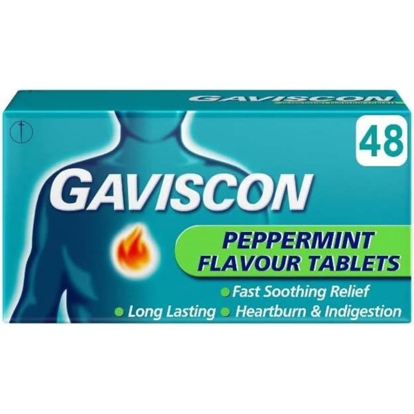 Gaviscon Heartburn and Indigestion Relief Peppermint Flavour Tablets, Pack Of 48