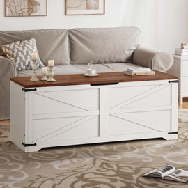 DWVO Storage Bench, 47.2" Farmhouse Storage Chest with 2 Safety Hinges, Wooden Storage Organizer, Shoe Bench for Entryway, Bedroom, Living Room, White and Walnut