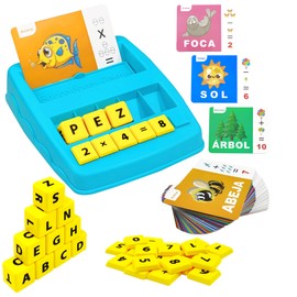 Spanish Spelling Game, Montessori Toy from 3 4 5 Years Espanol Learning Games Children's Toy with 64 Flash Cards Educational Toy for Preschool Language Learning Gift First Day at School