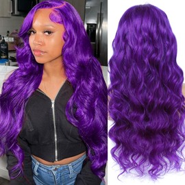 KEGOO Purple Lace Front Wigs Human Hair 30 Inch 13x4 Purple Wig Human Hair 200% Density Body Wave HD Lace Front Wigs Human Hair Pre Plucked Dark Purple Colored Wigs Human Hair