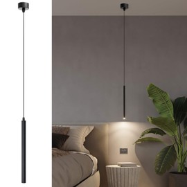 ACMHNC LED Pendant Light, Cylinder Pendant Lamp, Black for Bedroom, Bedside Table, Dining Room, Modern Long Pendant Light, Height Adjustable, Warm White, 30 cm