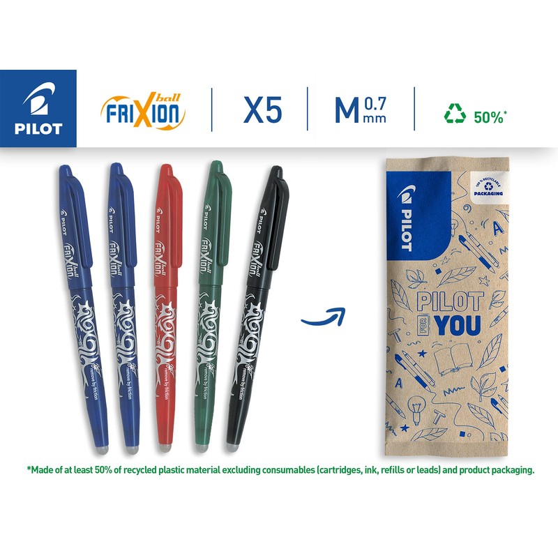 Pilot Frixion Erasable Rollerball 0.7mm Tip, 2 Blue/1 Red/1 Green/1