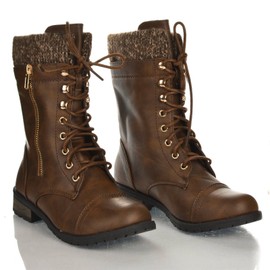 Forever Link Womens Mango-31 Round Toe Military Lace Up Knit Ankle Cuff Low Heel Combat Boots,Brown Pu,6