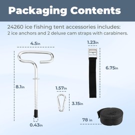 TOSRWGLL 24260 Deluxe Shelter Tie Down Kit Fit for Eskimo Tent, Ice Shelter Accessories Include 2 Ice Anchors & 2 Cam Straps, Used for Setting up an Outdoor Camping Ice Fishing Tent