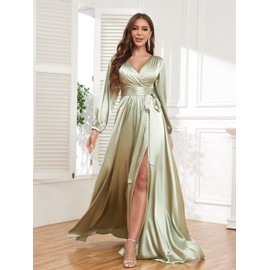 HTBVGO Sage Green Satin Bridesmaid Dresses for Women V Neck Long Sleeve Formal Prom Evening Dress with Slit Size 4