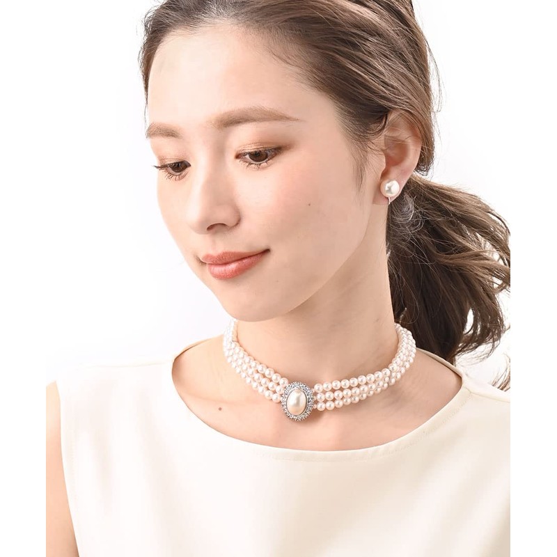 VingTAINE C14-68 3 Row Gorgeous Pearl Oval Rhinestone Necklace Choker,