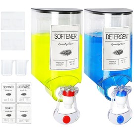 2 Pack Laundry Soap Dispenser,Wall Mounted Detergent Dispenser,Fabric Softener Dispenser,Liquid Dispenser with Spigot for Laundry Room Organization and Storage with 4 Removable LabelsMeasuring Cups