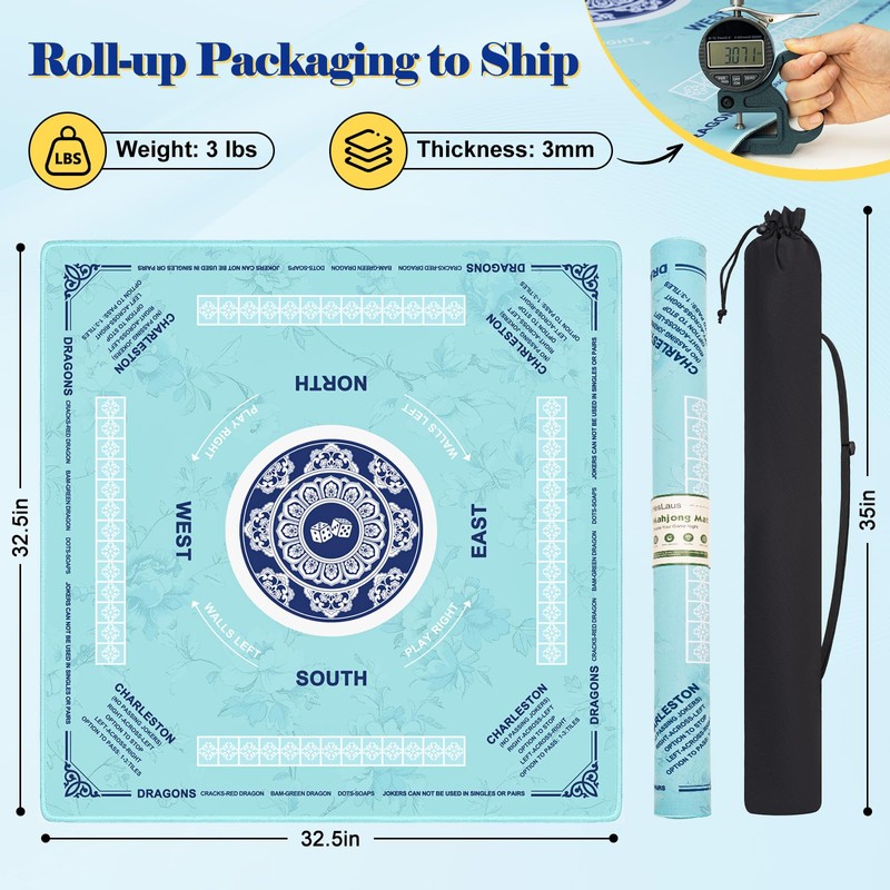Shipped Rolled Mahjong Mat with Rules Without Creases, 3mm, 32.5"