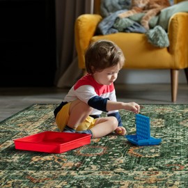 Andecor Green Washable Area Rug, 6x9 Vintage Rugs for Living Room, Bedroom, Kids Room, Nursery, Dining Room, Non-Slip Low Pile Foldable Indoor Carpet