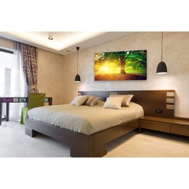 Baisuwallart S06162 Wall Art Decor Canvas Print Picture Sunrise Trees 1 Panel Natural Forest Painting Yellow Artwork for Bedroom Kitchen Office Home Wall Decor Stretched and Framed Ready to Hang