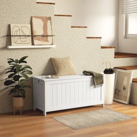 "White Kids & Teen Storage Wooden Bench Kids Playroom Chest with 2 Safety Hinges & Side Handles"color: White Color