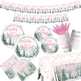 Winter Baby Shower Decorations, 142pcs Baby It's Cold Outside Baby Shower Pink Woodland Plates Napkins Tablecloth Banner Gender Reveal Baby Shower Decorations for Girl