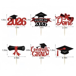 Decoraciones para cupcakes de graduación 2026, paquete de 36 unidades, con purpurina roja para la clase de 2026, felicitaciones graduadas, diploma de graduación, selecciones para cupcakes para decoración de fiestas de graduación 2026