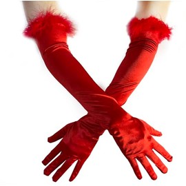 Huralona 1920s Vintage Feather Gloves Long Satin Gloves Flapper Evening Opera Satin Gloves for Women Elbow (Red)