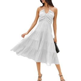 DEEP SELF Womens Summer V Neck Midi Dress Halter Neck Sleevelesss Smocked Ruffle Tiered Boho Swing Flowy A-line Beach Sundress White