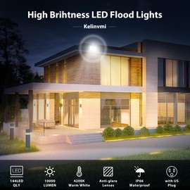 kelinvmi 100 W Outdoor LED Floodlight, 10000 lm LED Floodlight, 4200 K Warm White IP66 Waterproof Outdoor Lighting for Garden, Garage, Home, Yard, 50 cm Wires Without Plug, Pack of 2