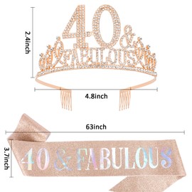 Hapdoo Rose Gold 40th Birthday Crown and Sash, Happy Birthday Decorations for 40 and Fabulous Tiara Sash Set