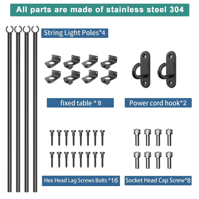 Antsky 4Pack String Light Poles - Stainless Steel 6.5FT Deck