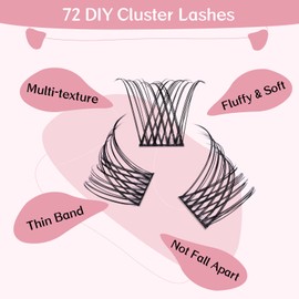 Cluster Eyelashes, Pack of 72 Individual Eyelashes, Eyelash Clusters, DIY Eyelash Extensions, Super-Thin Band, Reusable, Soft & Comfortable (Date-D-12 mm)