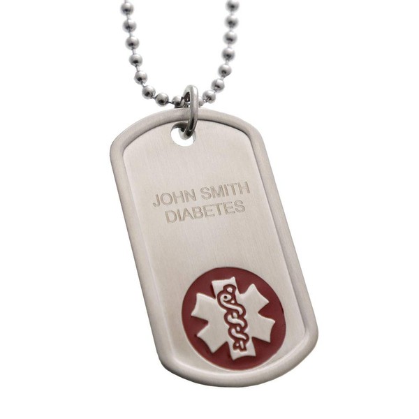 AMERICAN MEDICAL ID – Personalized Medical ID Alert Dog Tag with Red Medical Symbol. 27" Necklace Chain. Custom Engraved with Medical Conditions, Allergies, Emergency Contacts for Prompt Medical Care