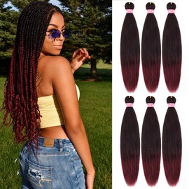 AFNOTE Pre Stretched Braiding Hair Extensions for Braids 20 Inch 6 Packs Ombre Burgundy Braiding Hair Pre Stretched Synthetic Soft Prestretched Braid Hair Extension Hot Water Setting-Black/Wine Red