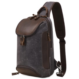 FENGDONG Sling Bag Crossbody Bag for Men Waxed Canvas Leather Shoulder Chest Bag Sling Backpack Black Gray