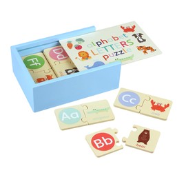 Alphabet Letters Puzzle Set, 26 Two-Piece Matching wooden puzzle pieces with Animals and Objects, Educational Learning Toy with Storage Box