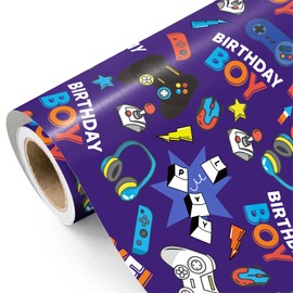 WRAPAHOLIC Gaming Wrapping Paper Roll - Mini Roll - 17 Inch x 9.8 Feet - Blue Gaming Boys Kids Happy Birthday Wrapping Paper for Boys Kids Birthday, Baby Shower, Game Lover